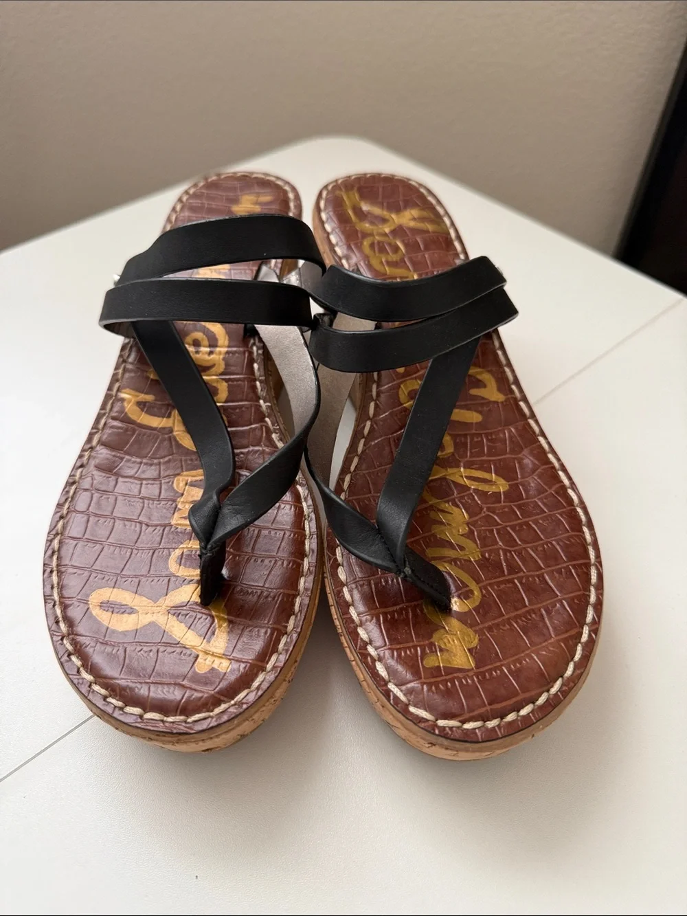Sam Edelman Black Strappy Wedge Sandals with Brown Footbed